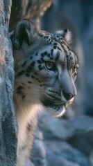 Snow leopard hiding in rocky terrain