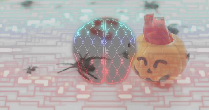 Spider crawling from left and pacing under neon brain and exploring pulses beside jack-o'-lantern