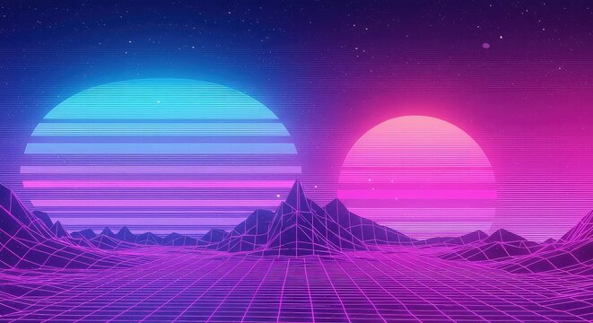 A vibrant retro-futuristic landscape with two neon suns setting over wireframe mountains and a glowing grid ground, evoking a synthwave aesthetic.