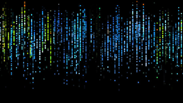 Abstract digital data streams of information, featuring glowing lines of green and blue on a black background. The lines of data move vertically like a waterfall.