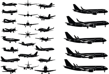 Vector set of different airplane silhouettes, various aircraft types, commercial and private planes, aviation collection, flying vehicles, travel and transportation icons