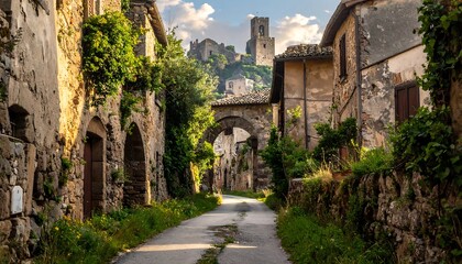 A sun-drenched alleyway winds through an ancient stone village, showcasing weathered buildings and lush greenery.