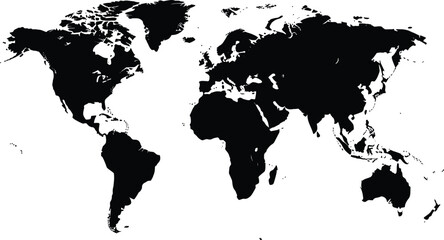 World map silhouette vector illustration, global continent outline, black earth map template, minimal geography design, printable modern flat vector world artwork