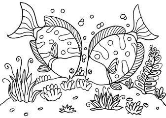 Kissing Fish in Coral Garden – Black and White Line Art for Coloring and Ocean Education