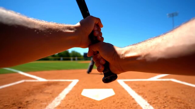 First Person Perspective of Gripping Baseball Bat at Home Plate on Sunny Day in the Baseball Field