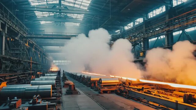 Glowing hot steel billet running on rollers in a metallurgical plant, emitting smoke and steam, showcasing the industrial manufacturing process