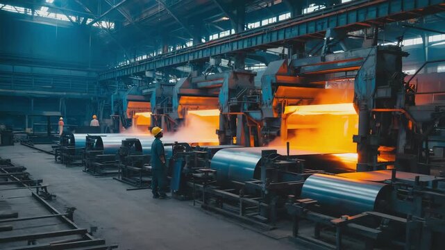 Inside a steel mill, hot steel sheets are being rolled and processed by heavy machinery, overseen by metalworkers ensuring smooth operation and quality control