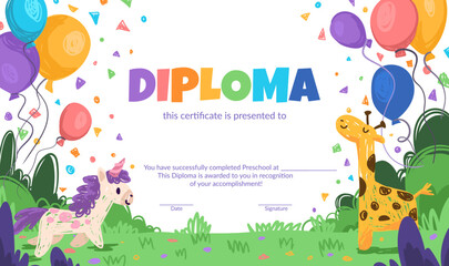 Obraz premium Colorful school and preschool diploma certificate for kids and children in kindergarten or primary grades with doodle elements, crayon scribbles, chalk on background. Vector cartoon flat illustration