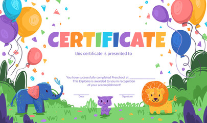 Fototapeta premium Colorful school and preschool diploma certificate for kids and children in kindergarten or primary grades with doodle elements, crayon scribbles, chalk on background. Vector cartoon flat illustration