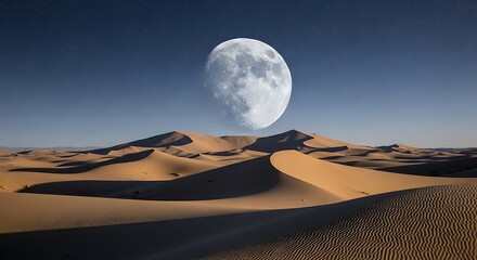 A vast desert landscape under a moonlit night sky, with dunes stretching towards the horizon