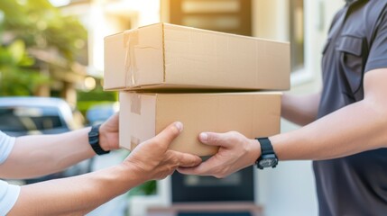 Delivery service: Courier handing over cardboard packages to a customer. E-commerce, shipping, and logistics.