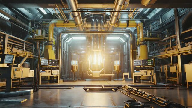 Complex network of pipes and machinery working in a futuristic industrial power plant. Generating clean energy with a fusion reactor at its core. Surrounded by control panels and advanced technology