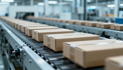 Cardboard Boxes on Automated Conveyor Belt in Distribution Warehouse, Depicting Logistics and Efficiency