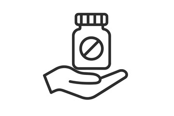 Hand holding a pill bottle with a stop sign. Drug prohibition concept. Medicine refusal icon. Vector outline illustration for addiction, substance abuse, and healthcare topics.