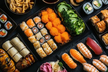 Assorted sushi and Asian dishes on dark plates