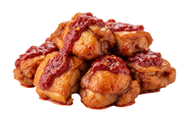 A stack of fried chicken pieces with a thick red sauce is on a clean white surface. The crispy food is a savory and delicious meal.