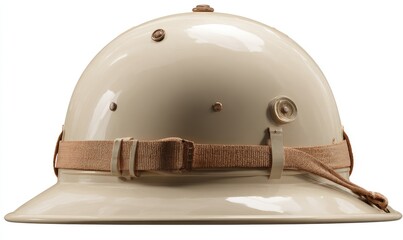 Cream-colored military helmet with leather strap