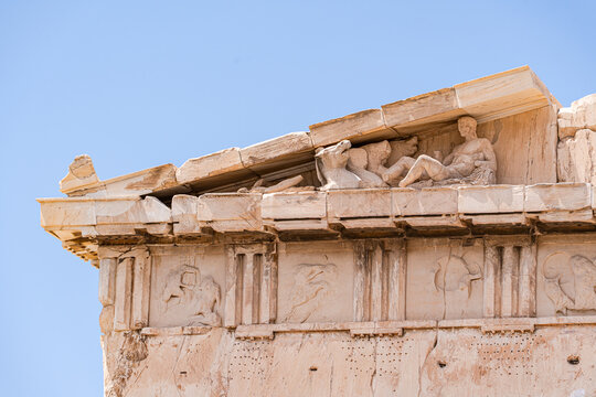 Detailed carvings on the Parthenon's ancient ruins