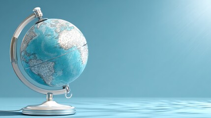 A light blue globe sits on a white stand against a pale blue background. Soft lighting creates a tranquil mood.