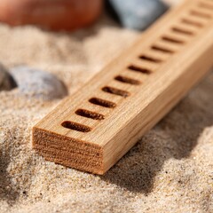 Close up of a light brown wooden block with evenly spaced holes, resting on a sandy surface with small stones.