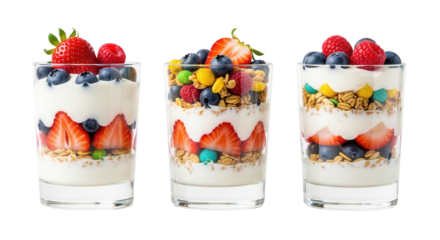 A group of three dessert parfaits filled with yogurt, fruit, and cereal is on a clean white surface. The sweet food is a healthy snack..Isolated transparent background ( cut-out PNG file ).