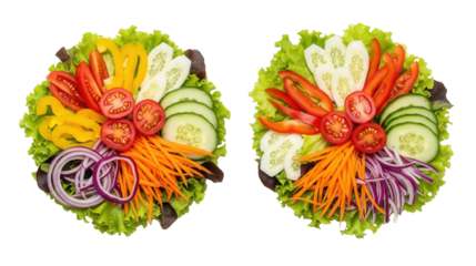 A duo of colorful vegetable salads is on a clean white surface. The fresh, healthy food is a refreshing meal.