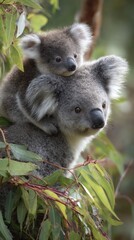 Fototapeta premium Koala mother and baby resting in eucalyptus tree