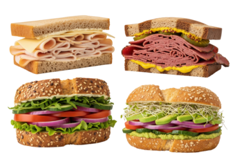 A grouping of four assorted sandwiches is on a clean white surface. The prepared foods are a popular meal.