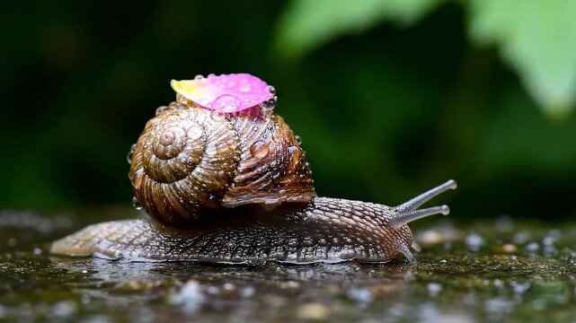 Snail with a pink petal on its shell crawling on a wet surface.