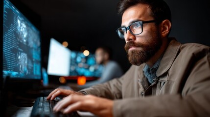 Focused man working on computer in dark environment during late night hours