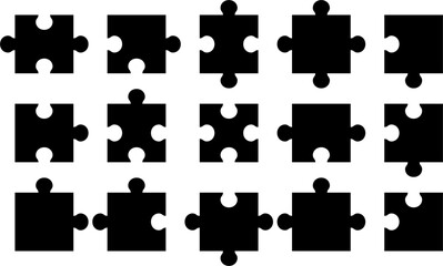 Naklejka premium Collection of puzzle piece silhouettes in black vector design. Simple and clean icons for teamwork, solution, connection, education, games, and strategy concepts.