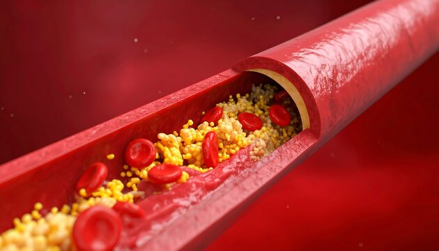 Artery with plaque buildup, medical illustration of atherosclerosis.