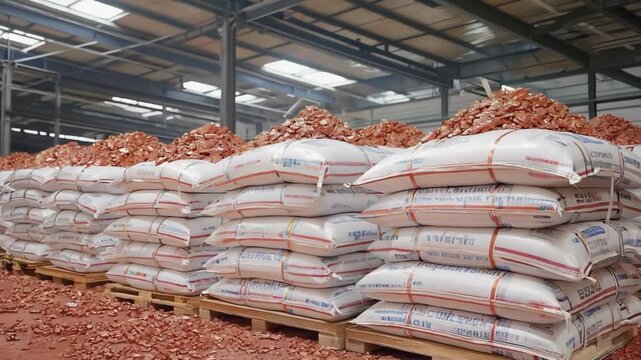 Large white sacks containing red chamotte clay sit stacked on wooden pallets in a warehouse, ready for distribution or use in industrial processes