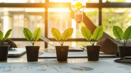 Sustainable Business Growth: Green Plants & Idea Light Bulb on Office Desk, Symbolizing Eco-Innovation and Environmental Responsibility