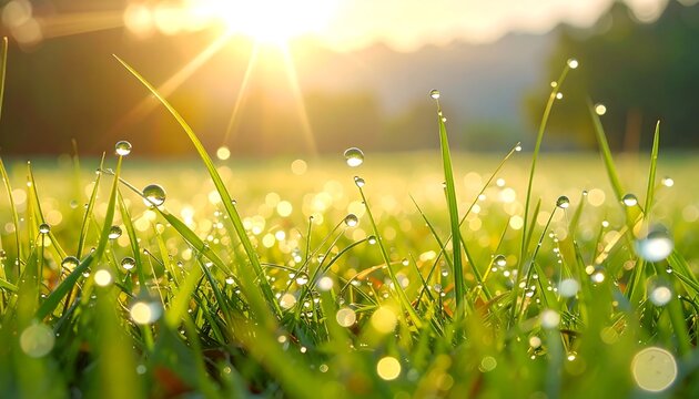 Dew-kissed grass blades sparkle in the morning sun, a vibrant scene of nature's beauty.