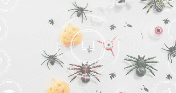 Starting icon emerging pulsing rings with Halloween backdrop and icons fading showcasing interface