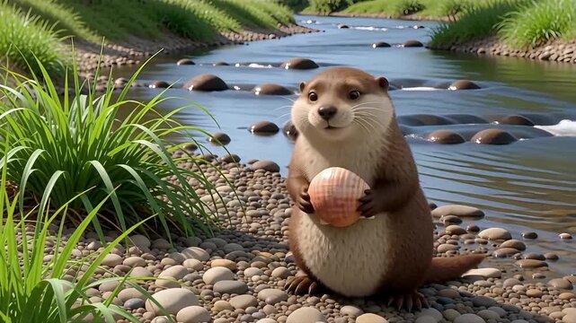 Adorable otter holds a smooth stone by a flowing river in a scenic natural landscape.