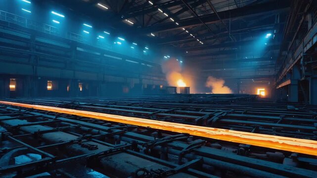 Glowing hot steel slab transported on rollers in a metallurgical plant illuminates the dark industrial environment, creating a captivating scene of heavy industry at work