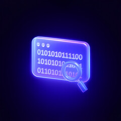Binary Code Analysis Icon with Magnifying Glass in Glowing Neon Blue and Purple 3D Render on Dark Background 
