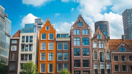 Fototapeta premium Colorful historic buildings alongside modern structures against a bright sky