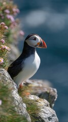 Fototapeta premium Puffin perches on a cliff surrounded by flowers