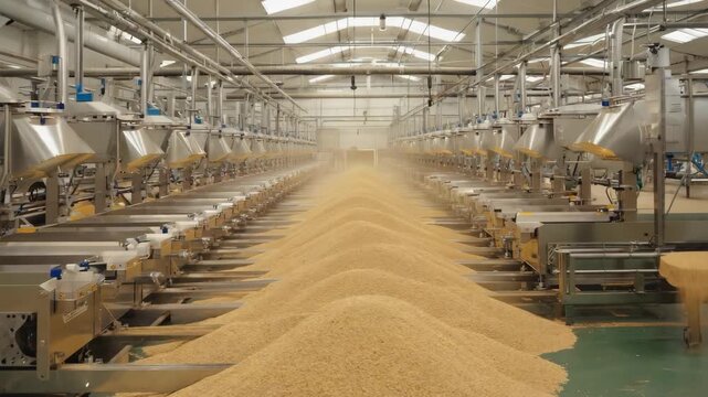 Malt undergoing processing by advanced machinery in a beer or whisky factory, ensuring high quality and efficiency throughout the production and manufacturing stages
