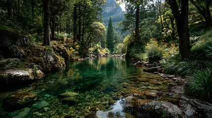 Obraz premium Serene forest river flows through lush greenery with sunlight dappling the clear water and rocky banks