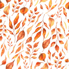 Bright autumn leaves and branches in warm colors. Seamless pattern. Hand-painted watercolor illustration. Isolated on a white background. For decoration, textile, prints, packaging, wallpaper.