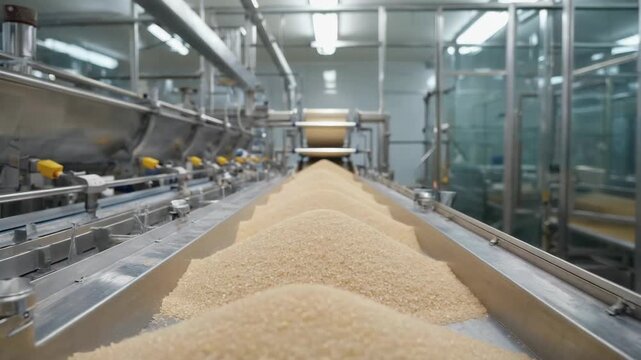 Brown sugar is being processed and transported on a conveyor belt inside a modern food processing plant, ensuring efficient production and quality control