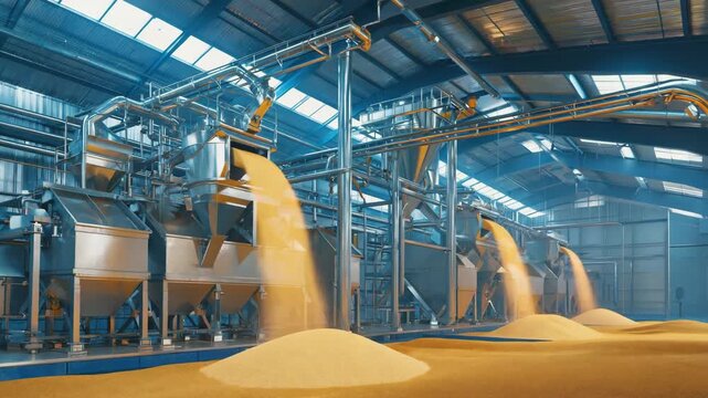 Inside a modern grain processing plant, corn grains are pouring into storage bins from an overhead conveyor system, ensuring efficient handling and storage of agricultural products