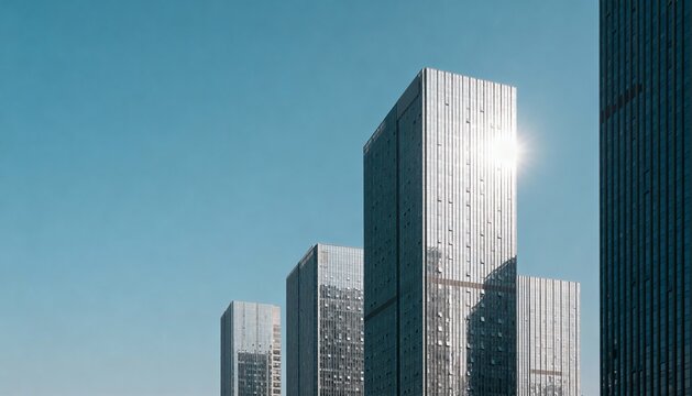 Modern Office Buildings Gleaming Under Clear Blue Sky, Representing Urban Development and Financial Success