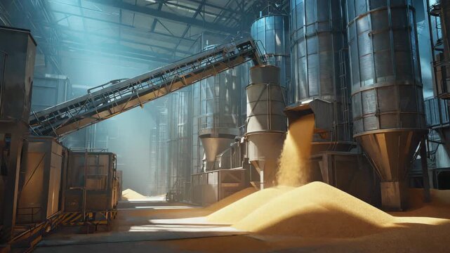 Inside a grain processing plant, a conveyor belt pours wheat grains into large metal silos, creating a pile of golden grains on the floor, showcasing the industrial process of grain storage