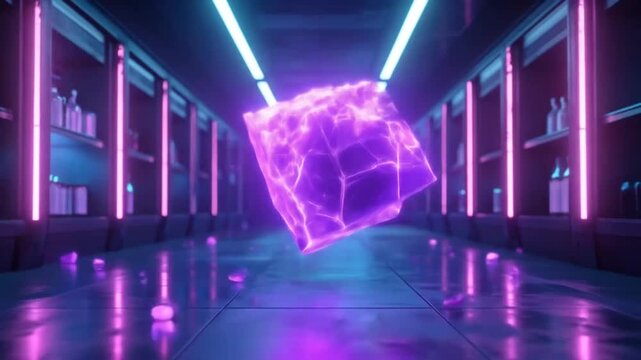 Glowing Purple Crystal Cube Floating in Futuristic Corridor