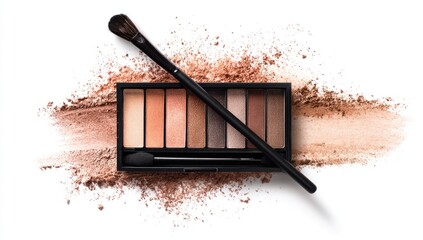 Makeup eyeshadow palette, brush, scattered powder